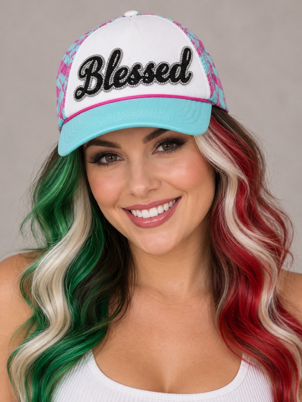 Blessed Embroidered Trucker Hat - Aqua Pink White